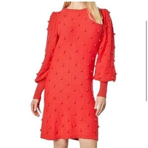 Lilly Pulitzer Kippa Ruby Red Pom Pom Popcorn Puff Sleeve Sweater Dress, Large